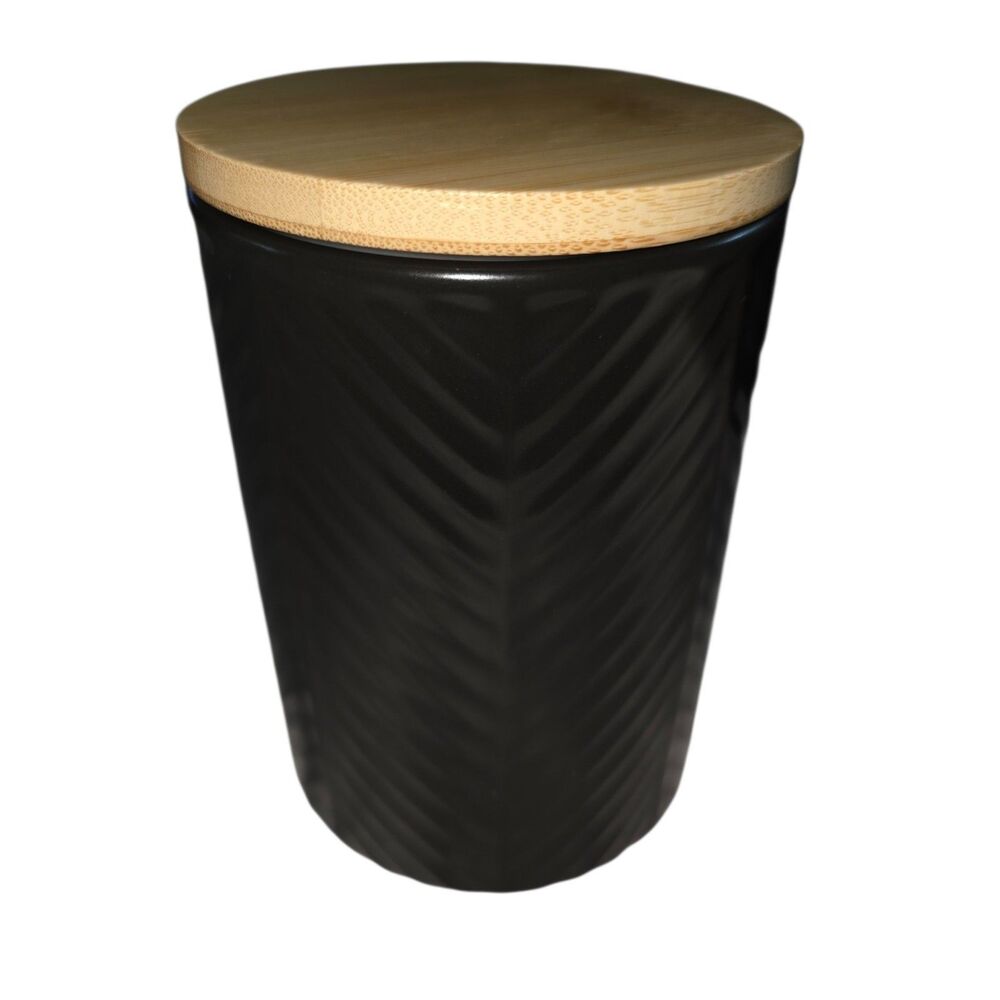 Maison Neuve Ceramic Canister Bamboo Lid Black Chevron Matte Finish Storage Jar